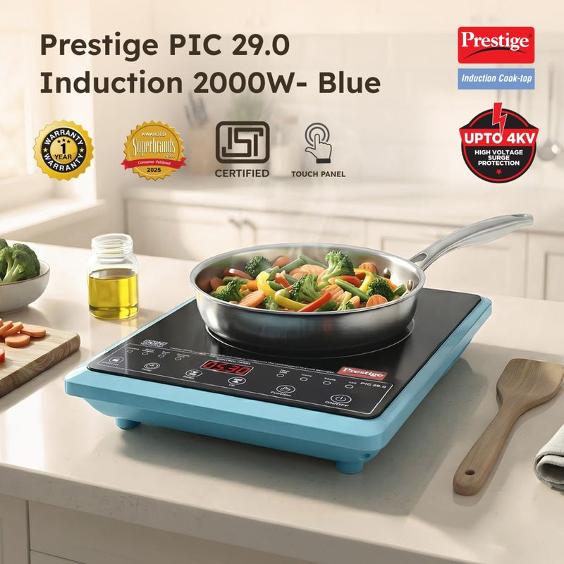 Prestige PIC 29.0 Induction Cooktop 2000W with Preset Indian Menu Options, Blue + Prestige TRIPLY Splendid 4 Pc Cookware Set: Fry Pan 22cm, Kadai 22cm, Saucepan 14cm, SS Lid 24cm, 15Y Warranty