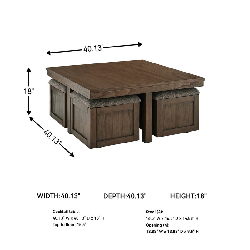 Sheesham Wood Coffee Table with Cushioned Storage Stools – Geraldene