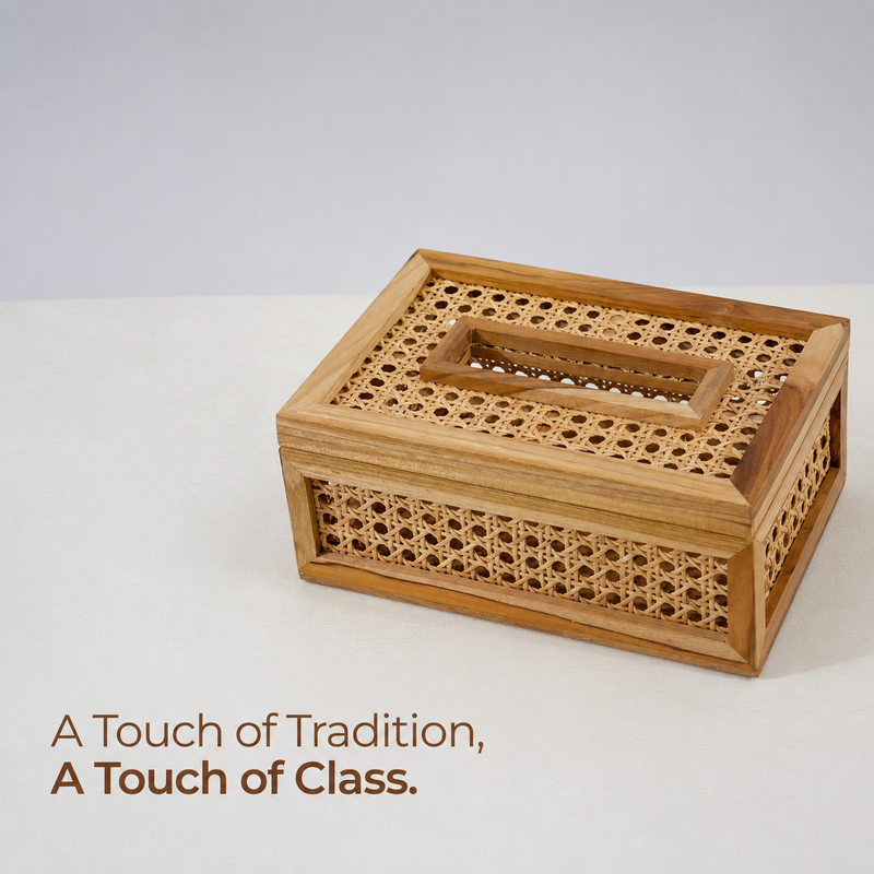Natural Rattan Wooden Tissue Holder Box- Set Of 2