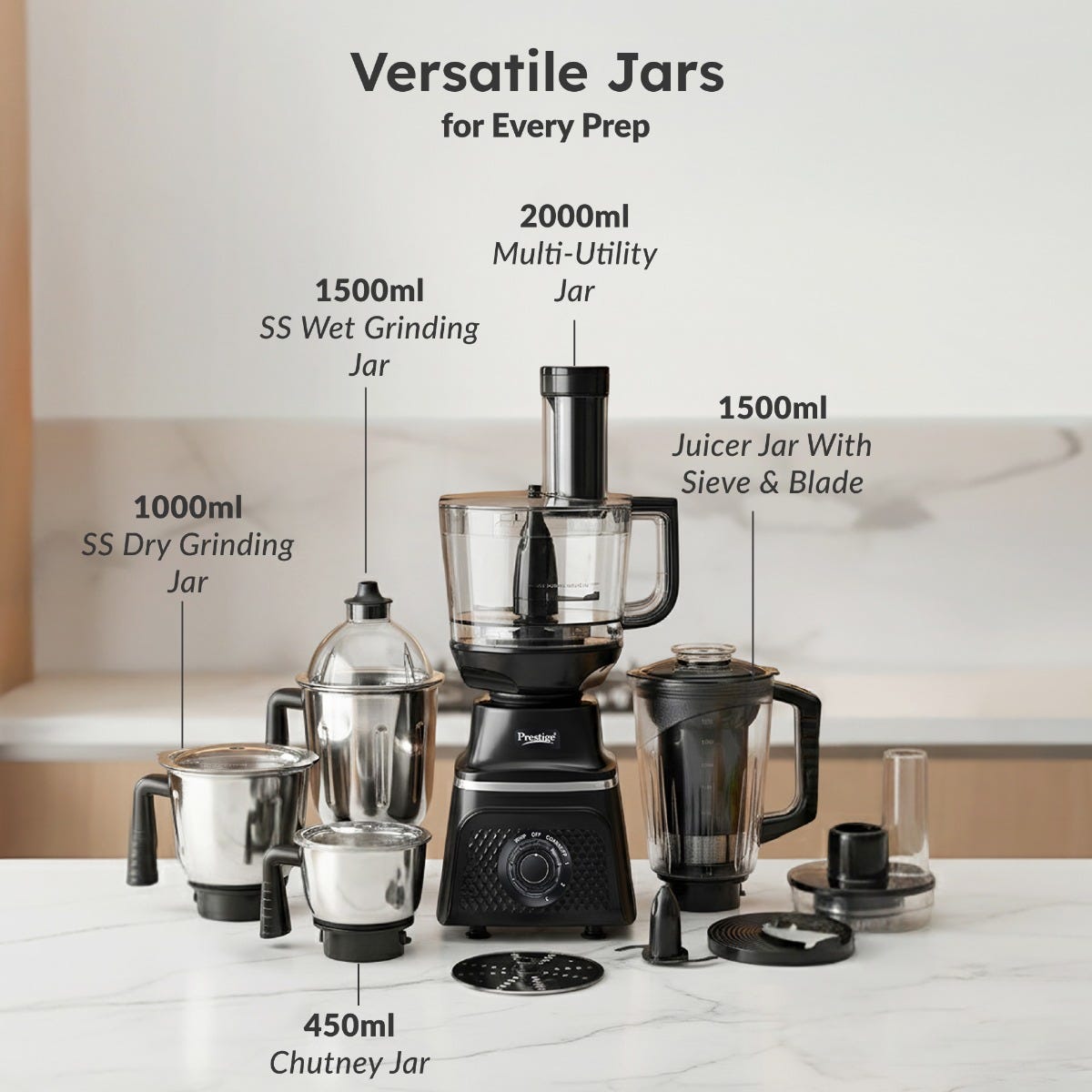 Prestige Prisma Pro 750W 5 Jars Mixer Grinder, 3 Stainless Steel Jars, 1 Multi Utility Jar, 1 Juice Jar, 6 Efficient Blades, Black & Silver + Prestige 1.5L PMC 3.0 Plus Multi Kettle / Multi Cooker