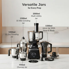 Prestige Prisma Pro 750W 5 Jars Mixer Grinder, 3 Stainless Steel Jars, 1 Multi Utility Jar, 1 Juice Jar, 6 Efficient Blades, Black & Silver + Prestige 1.5L PMC 3.0 Plus Multi Kettle / Multi Cooker