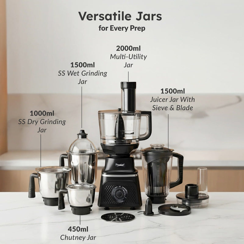 Prestige Prisma Pro 750W 5 Jars Mixer Grinder, 3 Stainless Steel Jars, 1 Multi Utility Jar, 1 Juice Jar, 6 Efficient Blades, Black & Silver + Prestige 1.5L PMC 3.0 Plus Multi Kettle / Multi Cooker