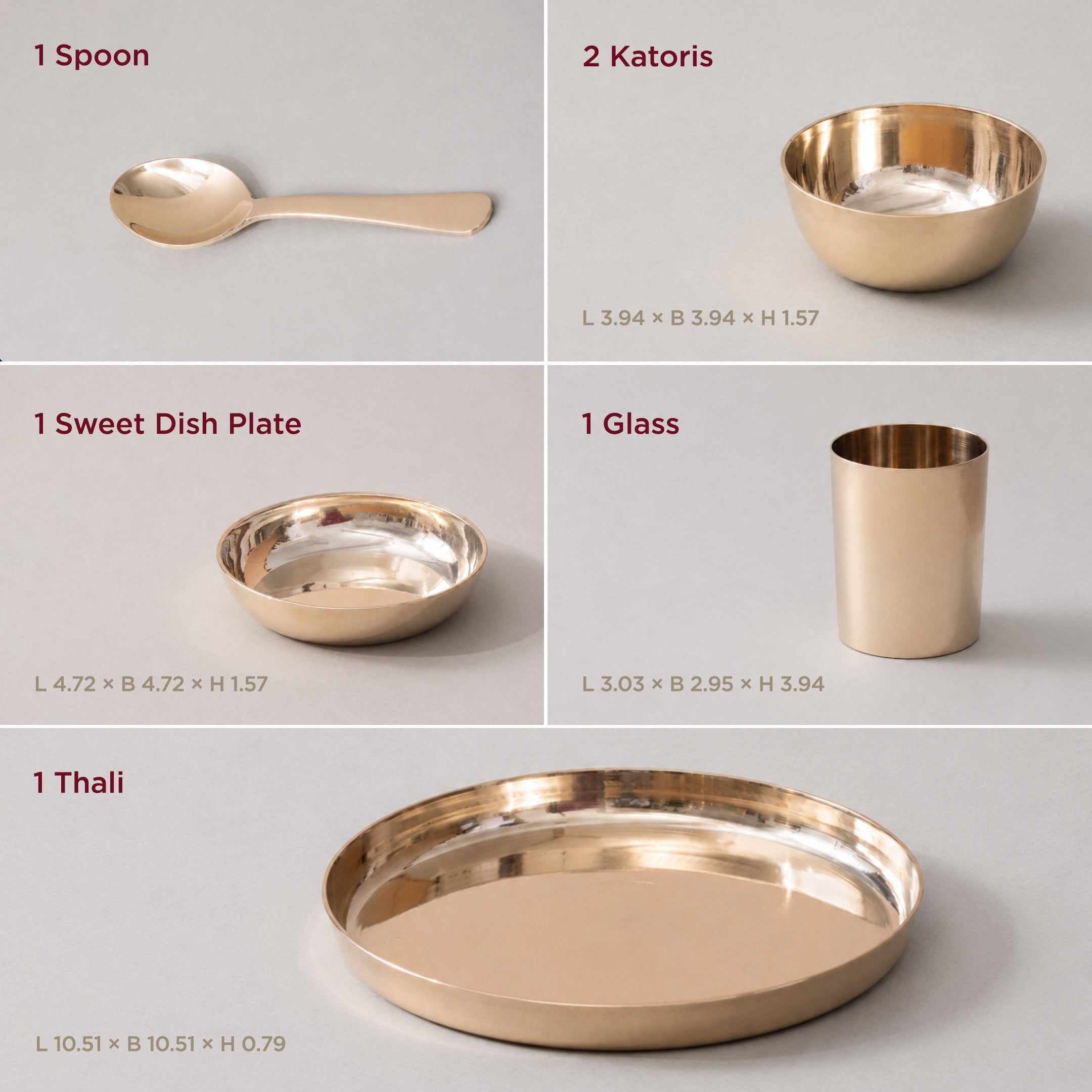 6-Piece Pure & Authentic Kansa Dinner Set • Gloss Finish • Serves 1 • 100% Lead-Free (कांसे का डिनर सेट)