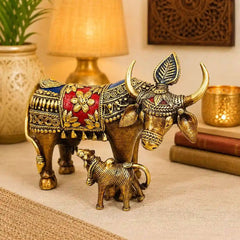 Brass Dhokra Kamdhenu Cow with Calf Statue (6.5 Inch)