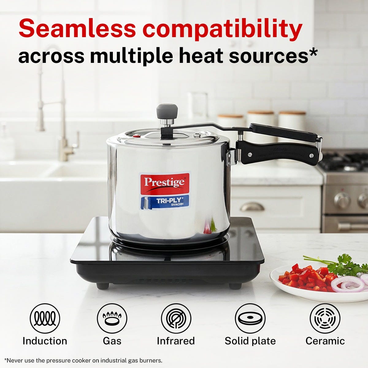Prestige Svachh Neo 3 Burner Glass Top Gas Stove, Liftable Burners, Black, ISI + Prestige 3 Litre TRIPLY Svachh Inner Lid Pressure Cooker, Deep Lid for Spillage Control, Gas & Induction