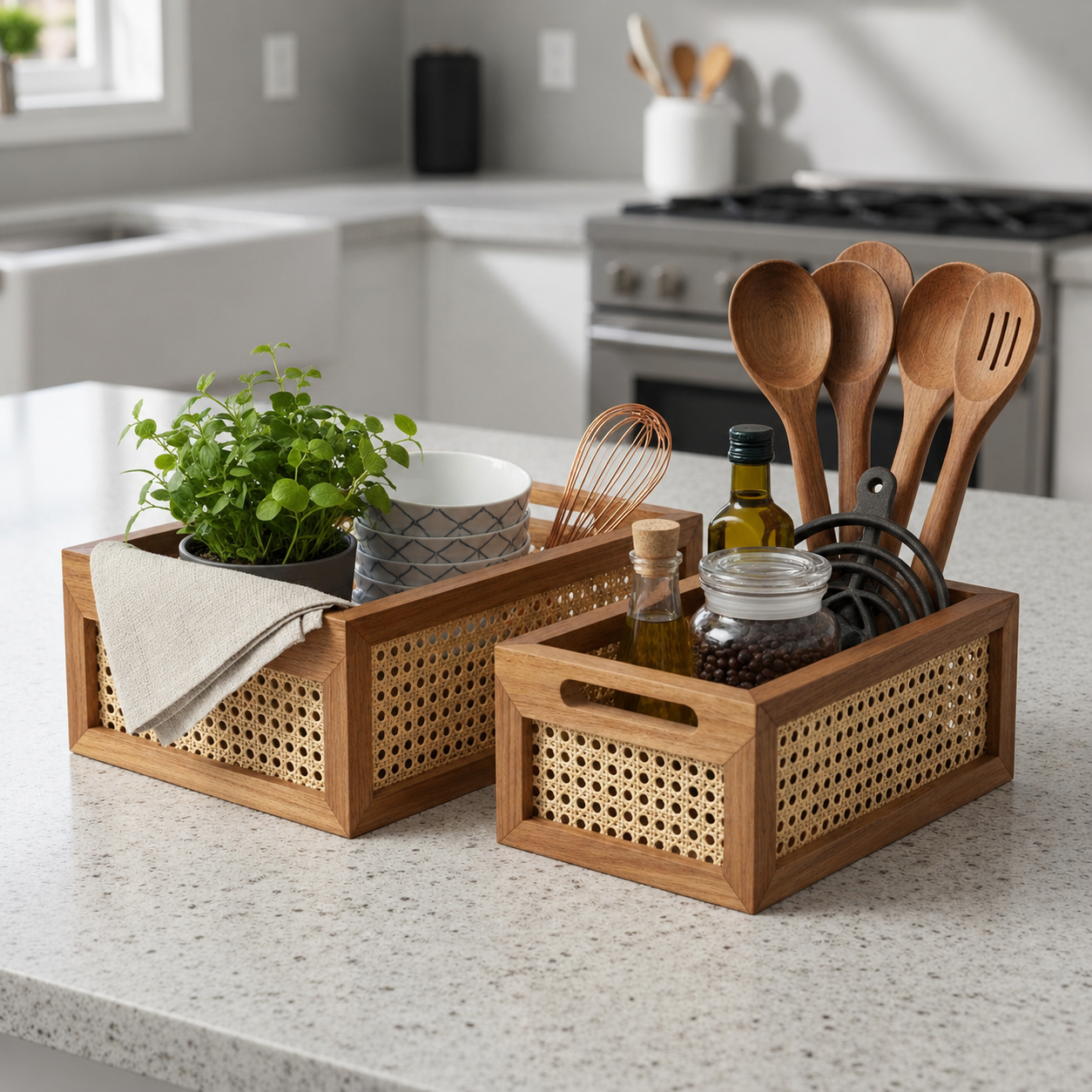 Multi-Purpose Rattan Organizer Caddy for Kitchen & Dining-Set Of 2