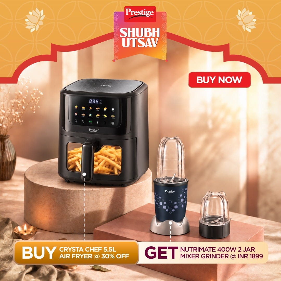 Prestige Crysta Chef Air Fryer 5.5 L + Prestige Nutri-Mate 400W Mixer Grinder, 2 Jars & 3 Lids, Dual Safety Interlock, 1Y Warranty