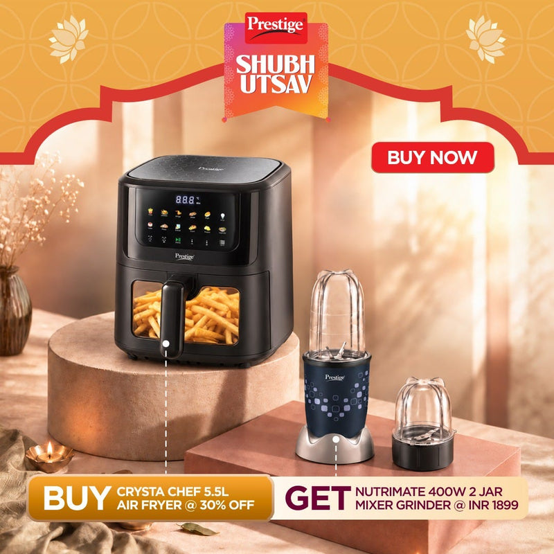 Prestige Crysta Chef Air Fryer 5.5 L + Prestige Nutri-Mate 400W Mixer Grinder, 2 Jars & 3 Lids, Dual Safety Interlock, 1Y Warranty