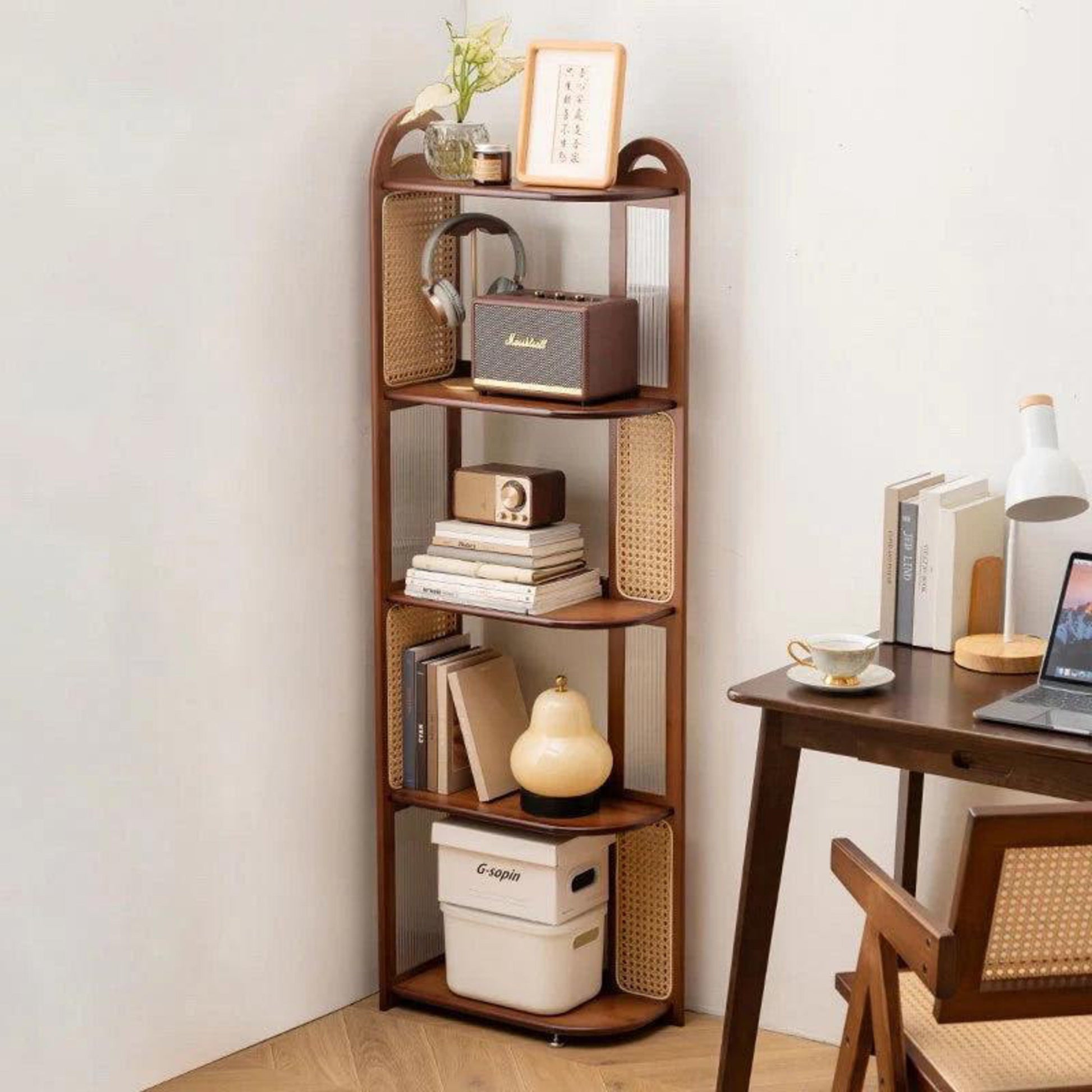 Modern Mango Wood Corner Shelf Unit with Cane Design