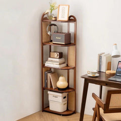 Modern Mango Wood Corner Shelf Unit with Cane Design