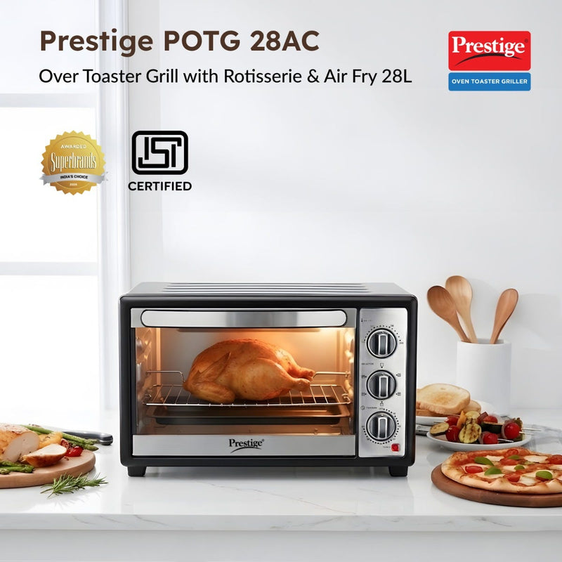 Prestige POTG 28AC 28L OTG, 1500W, Air Fry, Rotisserie, 2 Heaters, Timer, 2Y Warranty + Prestige Nutri-Zen Mixer Grinder, 3 Polycarbonate Jars (Big 1000ml, Sipper with Handle 700ml, Small 700ml)