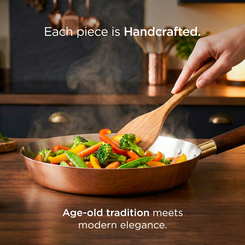 Traditional Copper Fry Pan with Tin Coating and Insulated Handle (तांबा का फ्राई पैन)