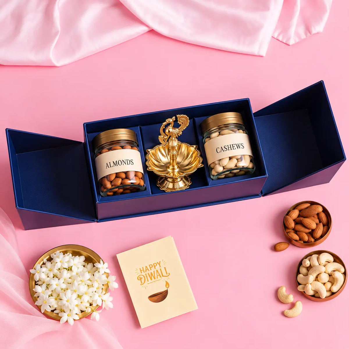 Brass Luxury Gift Hamper with Peacock Five Petal Diya