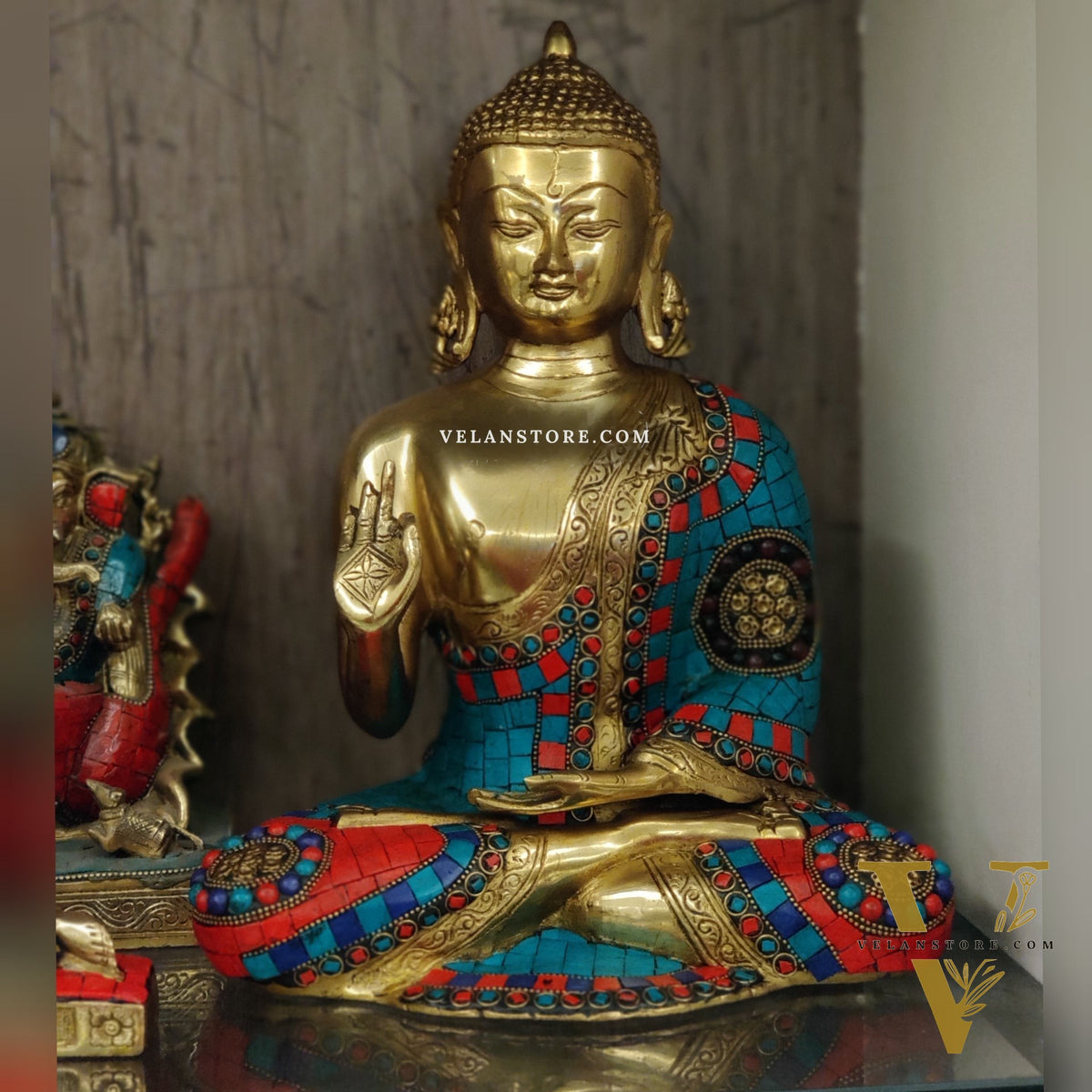 Aashirwaad Buddha Brass Idol with Meenakari Stonework 12 inch