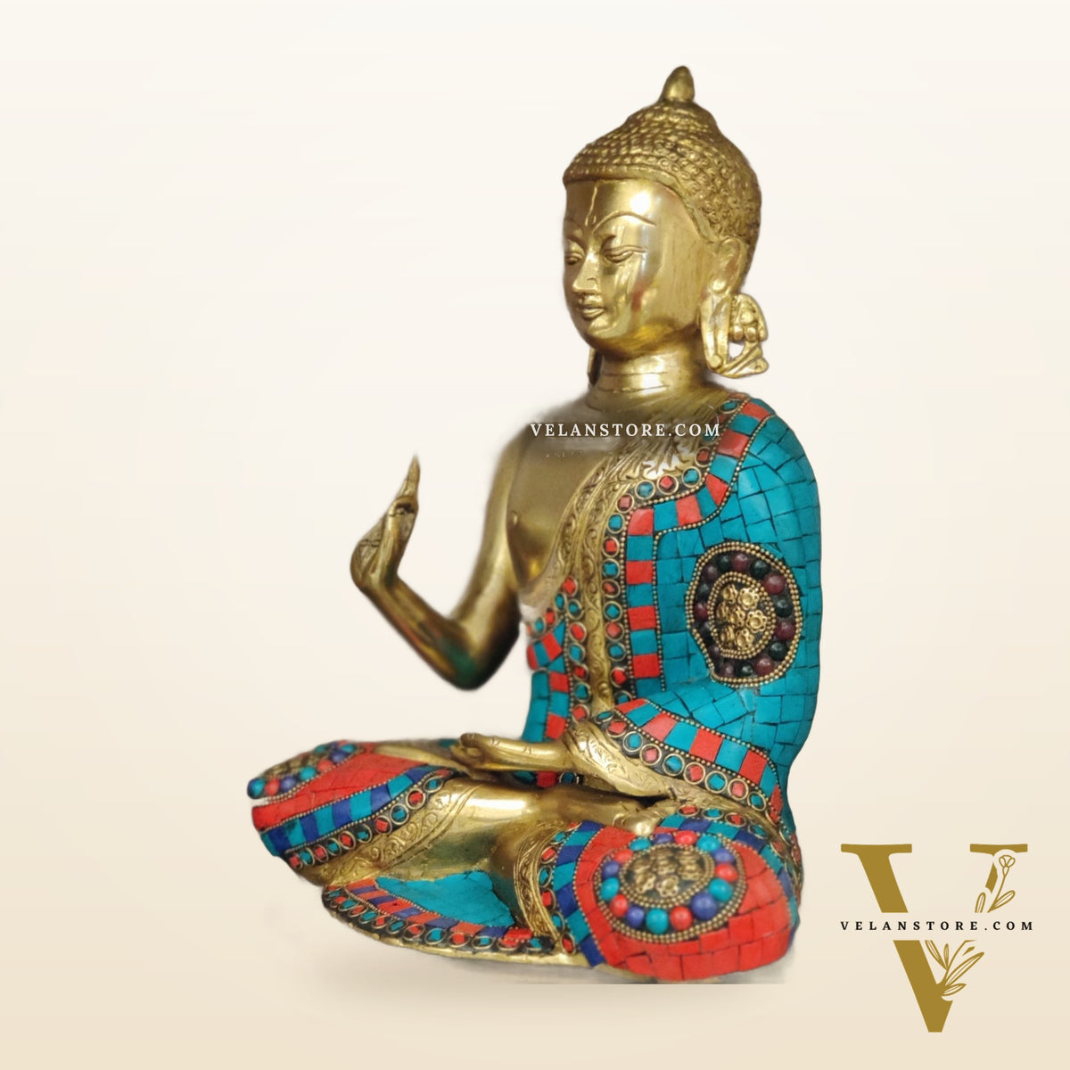Aashirwaad Buddha Brass Idol with Meenakari Stonework 12 inch