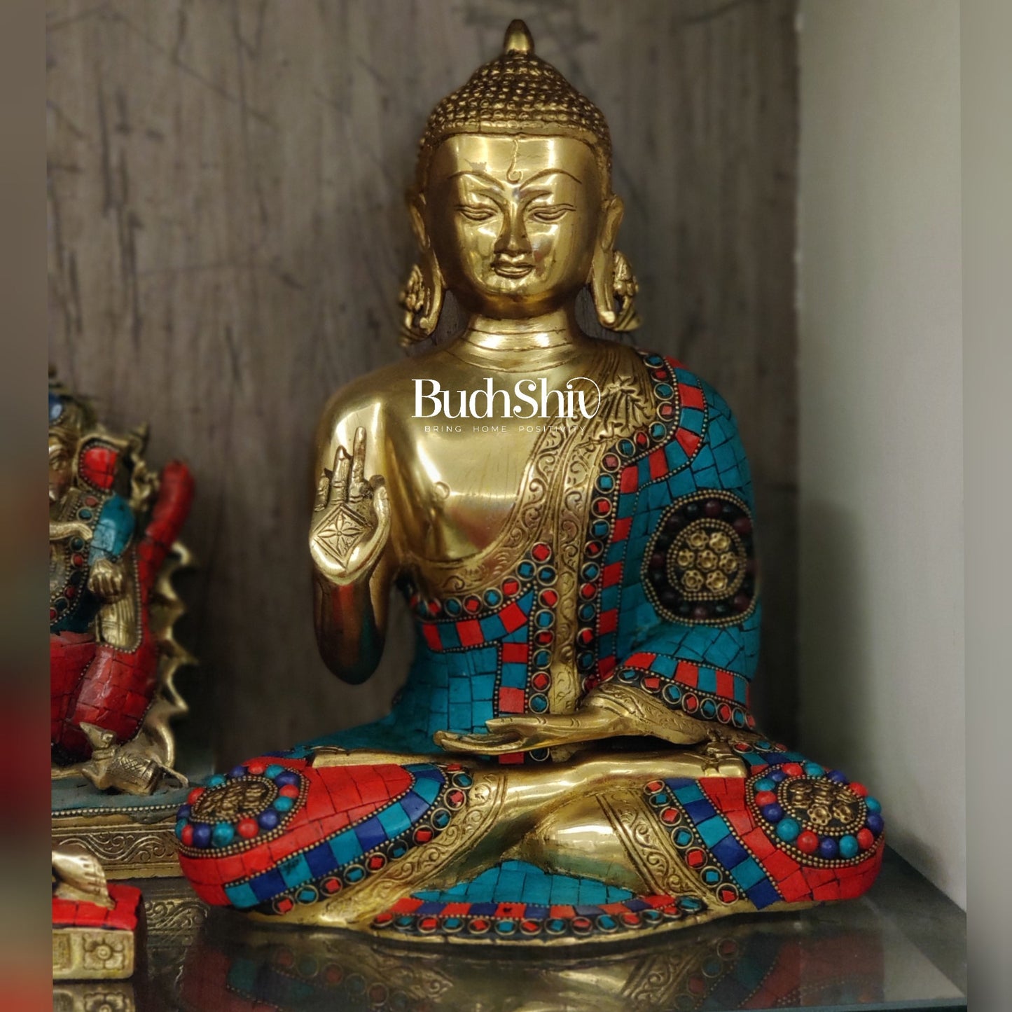 Aashirwaad Buddha Brass Idol with Meenakari Stonework 12 inch