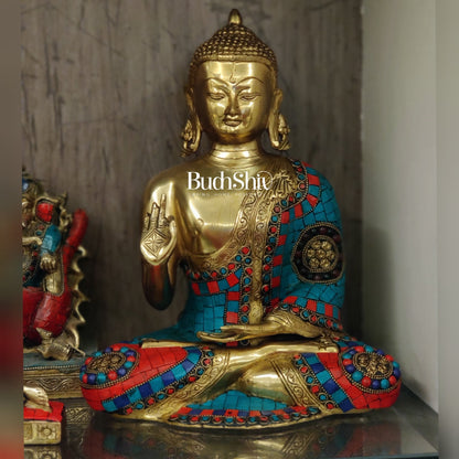 Aashirwaad Buddha Brass Idol with Meenakari Stonework 12 inch