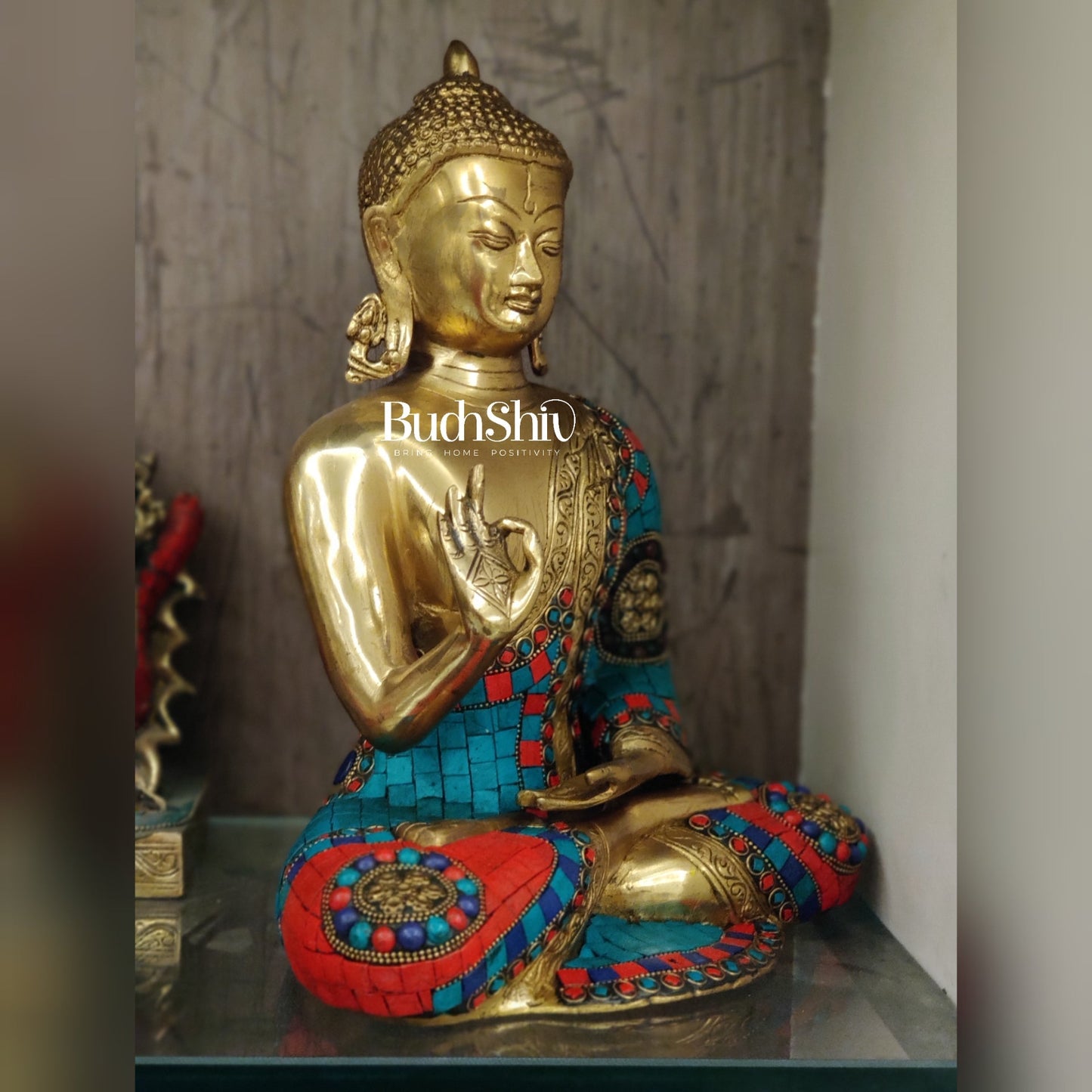 Aashirwaad Buddha Brass Idol with Meenakari Stonework 12 inch
