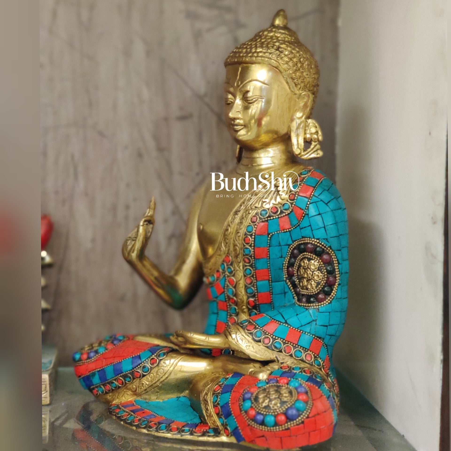 Aashirwaad Buddha Brass Idol with Meenakari Stonework 12 inch