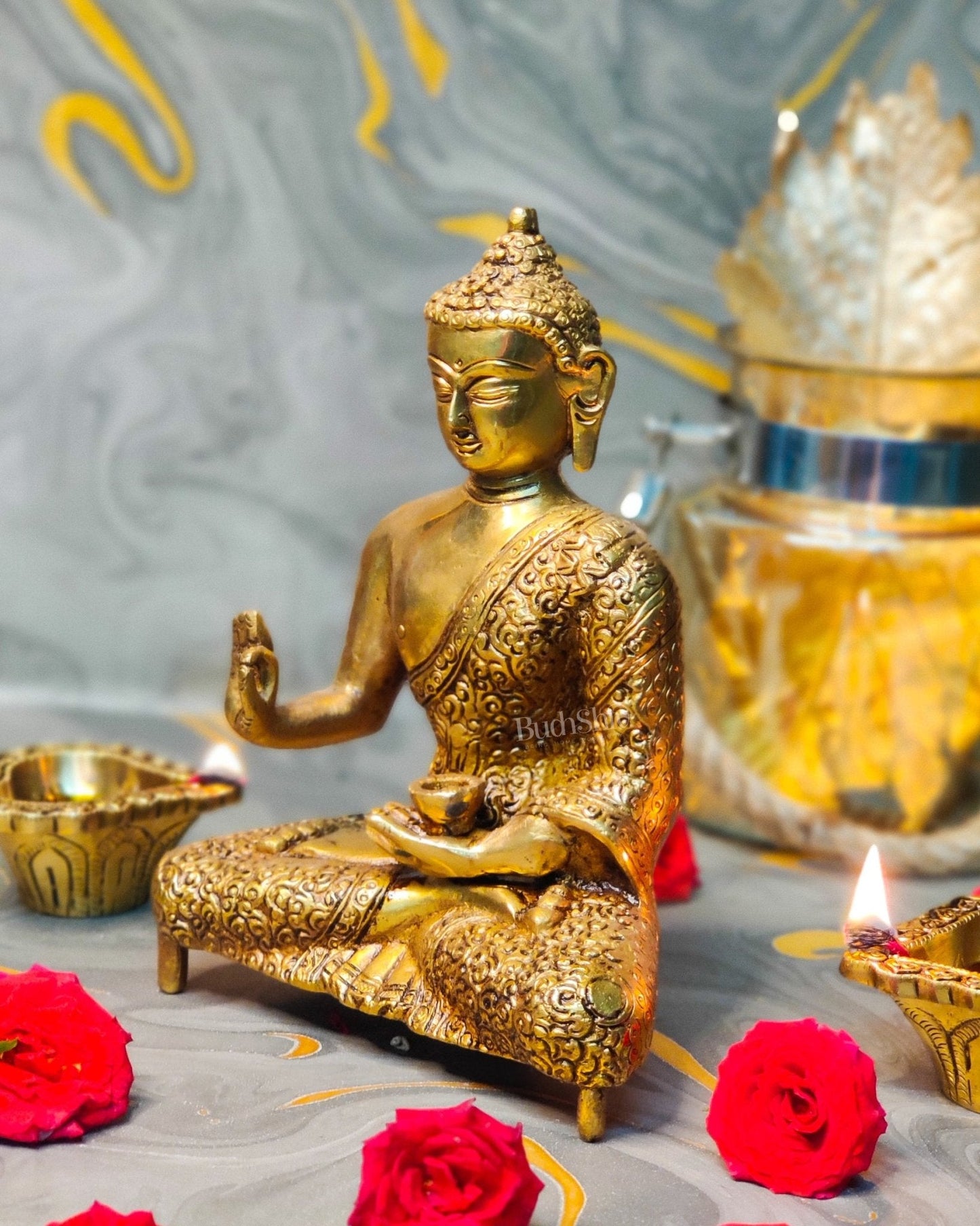 Abhaya Mudra Brass Statue - 9 Inches