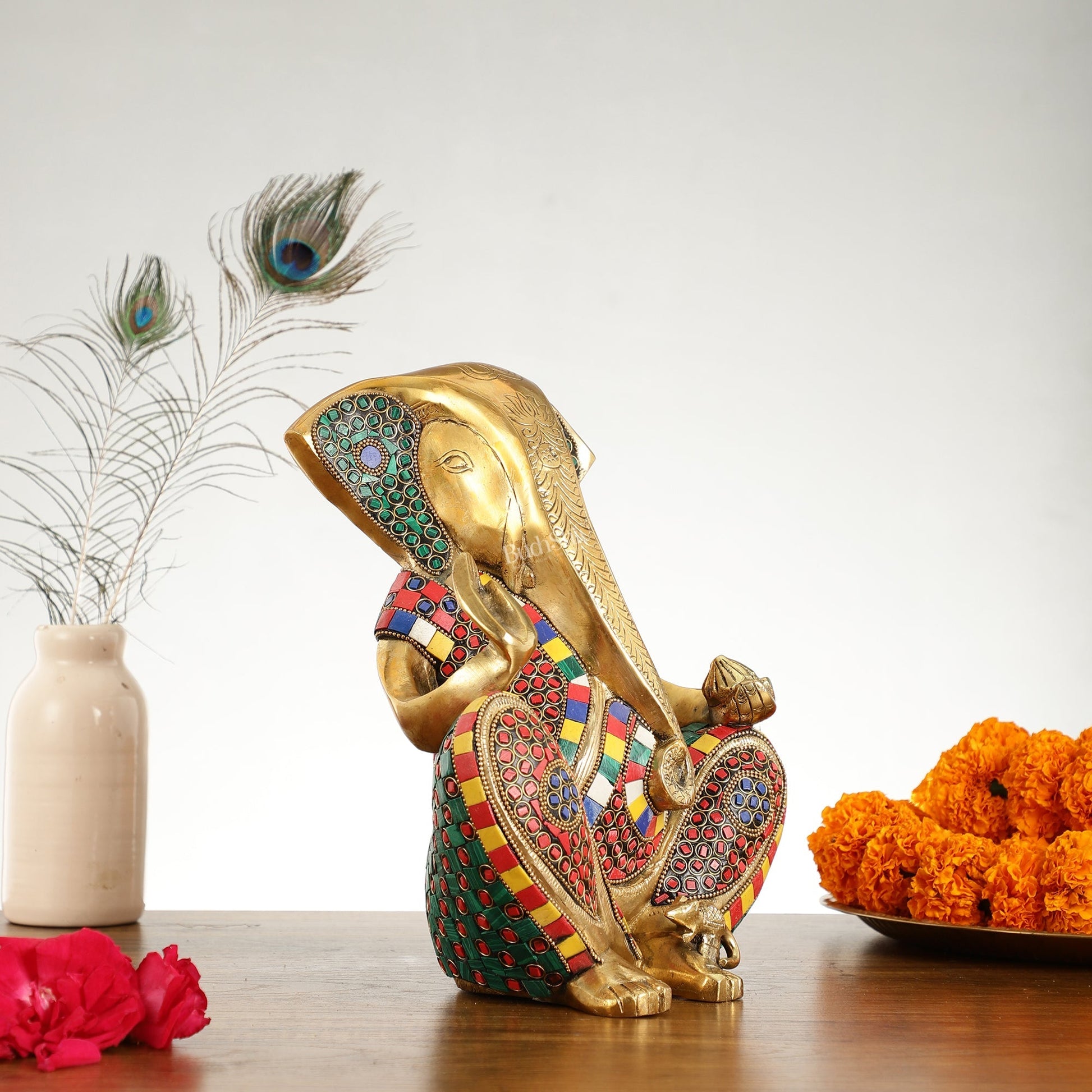 Abstract Modern Brass Ganesha Statue Accent - 11 Inch