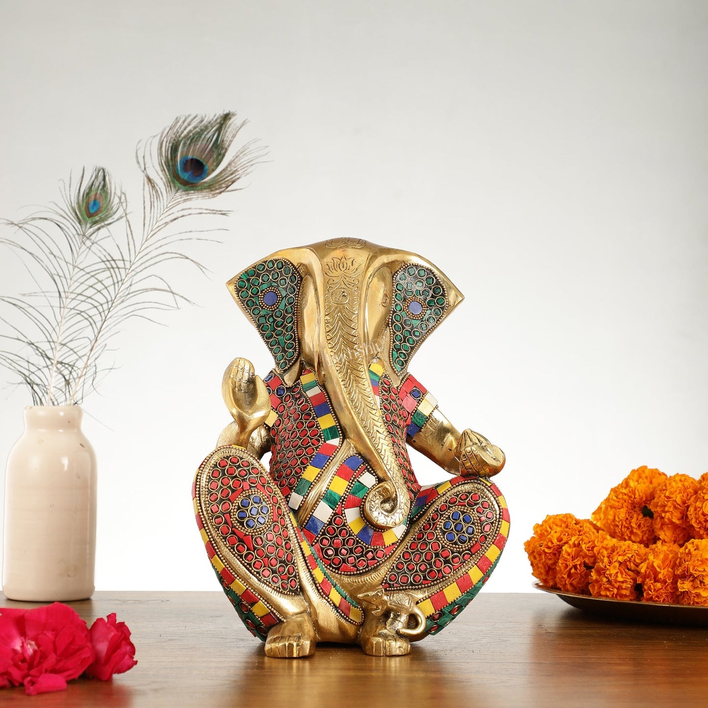 Abstract Modern Brass Ganesha Statue Accent - 11 Inch