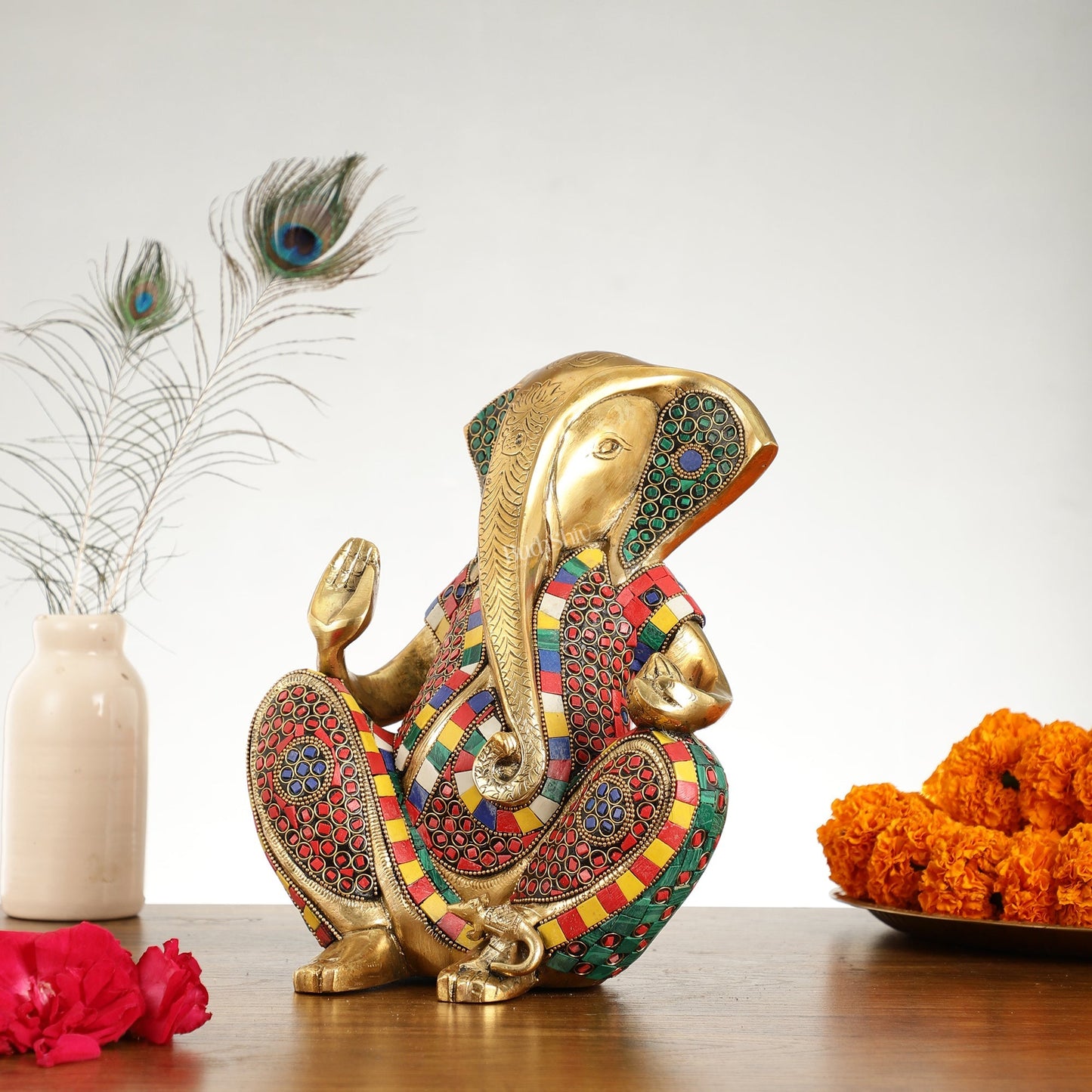Abstract Modern Brass Ganesha Statue Accent - 11 Inch