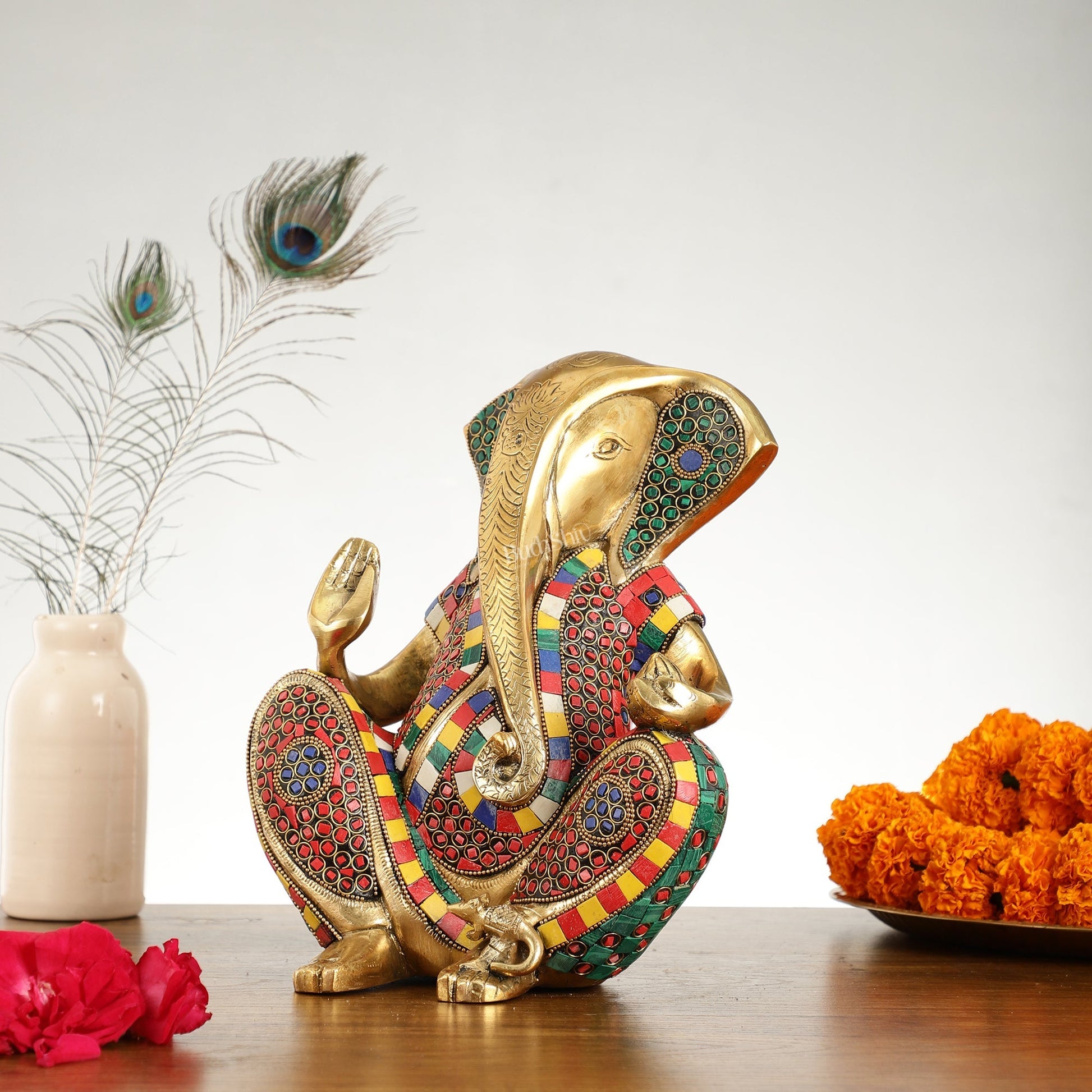 Abstract Modern Brass Ganesha Statue Accent - 11 Inch