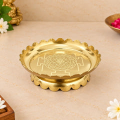Brass Shree Yantra Engraved Lotus Plate With Stand (5.5 Inch)