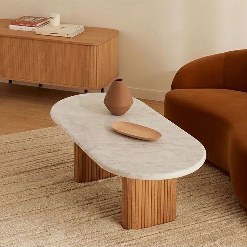 Oval Marble coffee table with Vertical Slatted Wooden Base – White Marble & Acacia Finish – 36x24 in – Modern Living Room Elegance