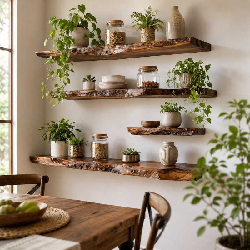 Rustic Live Edge Solid Wood Floating Wall Shelves (Set of 4 Shelf) – Natural Farmhouse Wooden Wall Decor