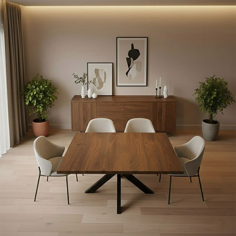 Acacia Wood Rustic Square Dining Table with Black Steel Spider Legs
