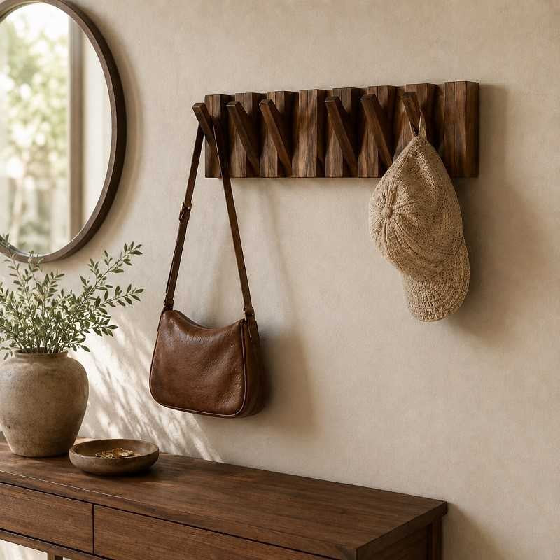 Acacia Wood Foldable Wall Hook Rack – Flip-Down Coat, Suit & Key Hanger (Space-Saving)
