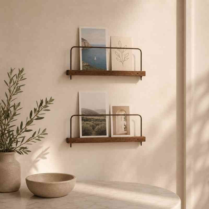 Acacia Wood Picture Ledge Wall Shelves with Steel Bar – Photo, Polaroid & Postcard Display (Set of 4, Brown)