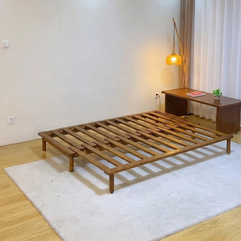 Scandinavian Acacia Wood Pull-Out Sofa Bed with Sliding Coffee Table – Beige Polyester