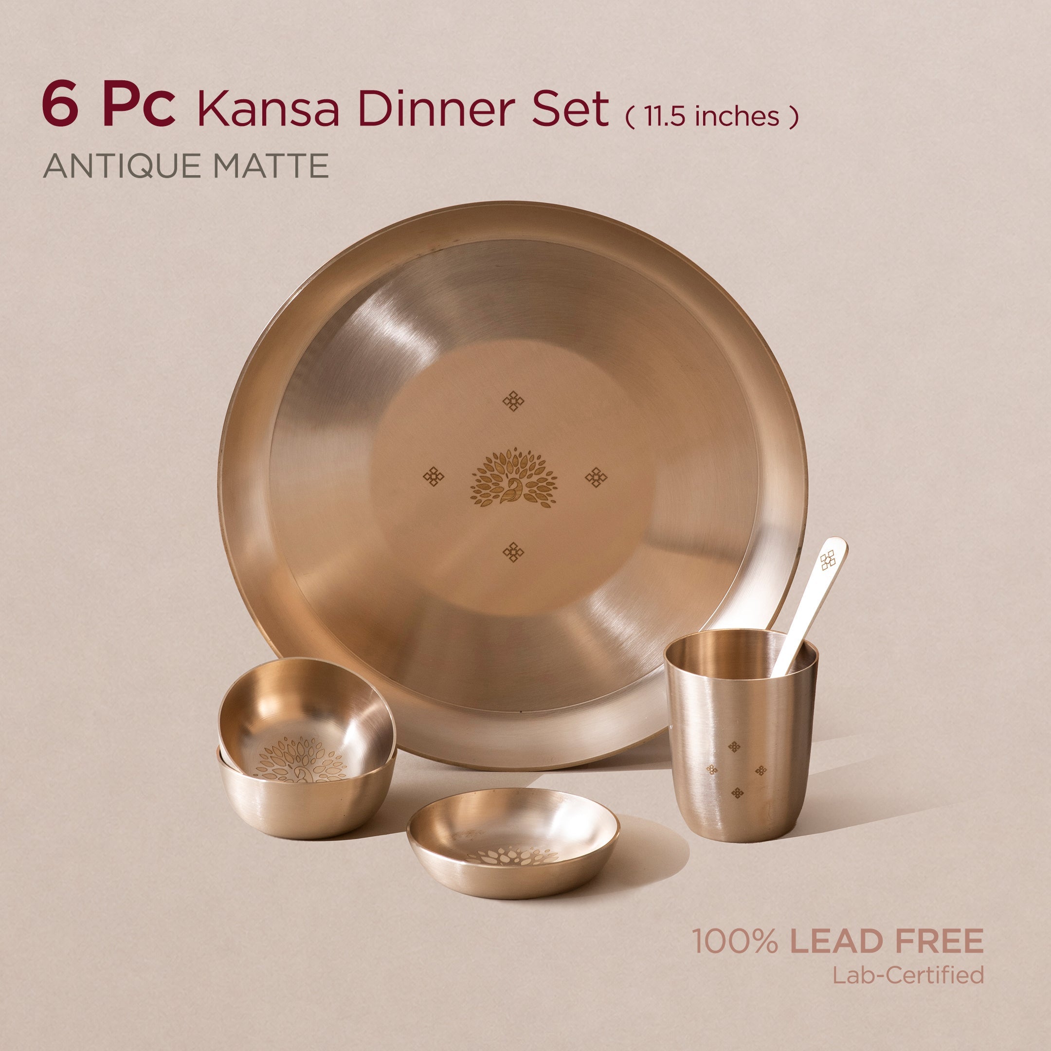 Peacock Motif • 6 Pcs 11.5" Kansa Dinner Set • Matte Finish • Thali Size - 11.5" • 100% Lead Free (कांसे का डिनर सेट)