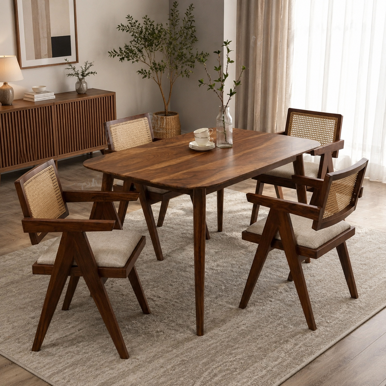 Astera Sheesham Wood 4 Seater Dining Set with Natural Cane Chairs
