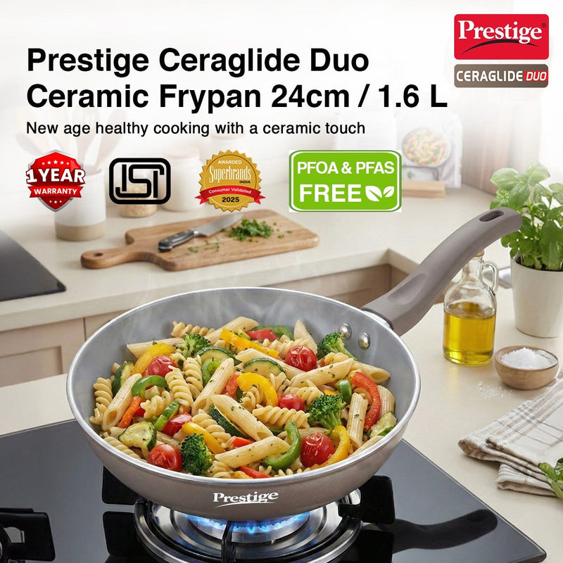 Prestige Ceraglide Duo Ceramic Coating Non Stick Aluminium Cookware Omni Tawa Dia 25 cm, Prestige Ceraglide Duo Ceramic Coating Non Stick Aluminium Cookware Fry Pan Dia 24 cm (1.6 Litre)