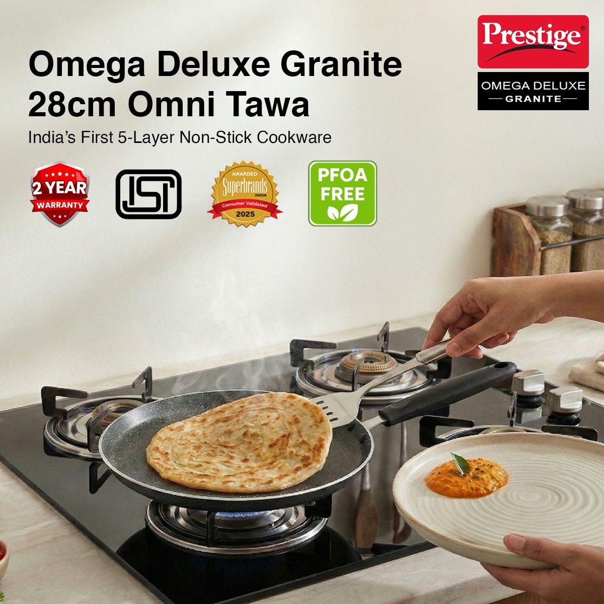 Prestige Deluxe Alpha Svachh Stainless Steel Spillage Control Pressure Cooker, 5.5 L (Silver), Prestige Omega Deluxe Granite Non-stick Round Base Omni Tawa, 28 cm (Black)