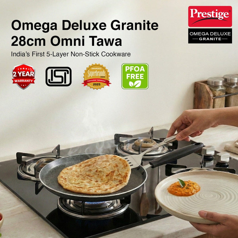 Prestige Deluxe Alpha Svachh Stainless Steel Spillage Control Pressure Cooker, 5.5 L (Silver), Prestige Omega Deluxe Granite Non-stick Round Base Omni Tawa, 28 cm (Black)