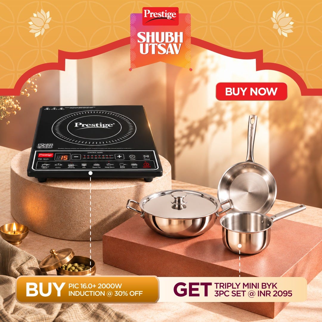 Prestige PIC 16.0 Plus 2000W Induction Cooktop, 4KV Surge Protection, 8 Indian Menus, Black + Prestige TRIPLY Splendid 4 Pc Cookware Set: Fry Pan 22cm, Kadai 22cm, Saucepan 14cm, SS Lid 24cm
