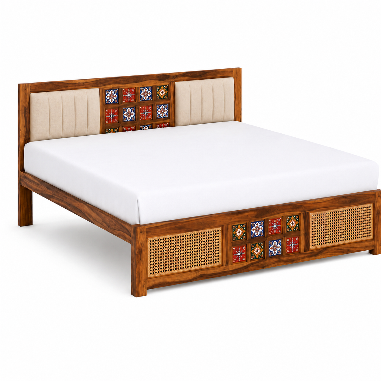 Premium Sheesham Wood Upholstered Bed with Handcrafted Ceramic Tile & Cane Panels