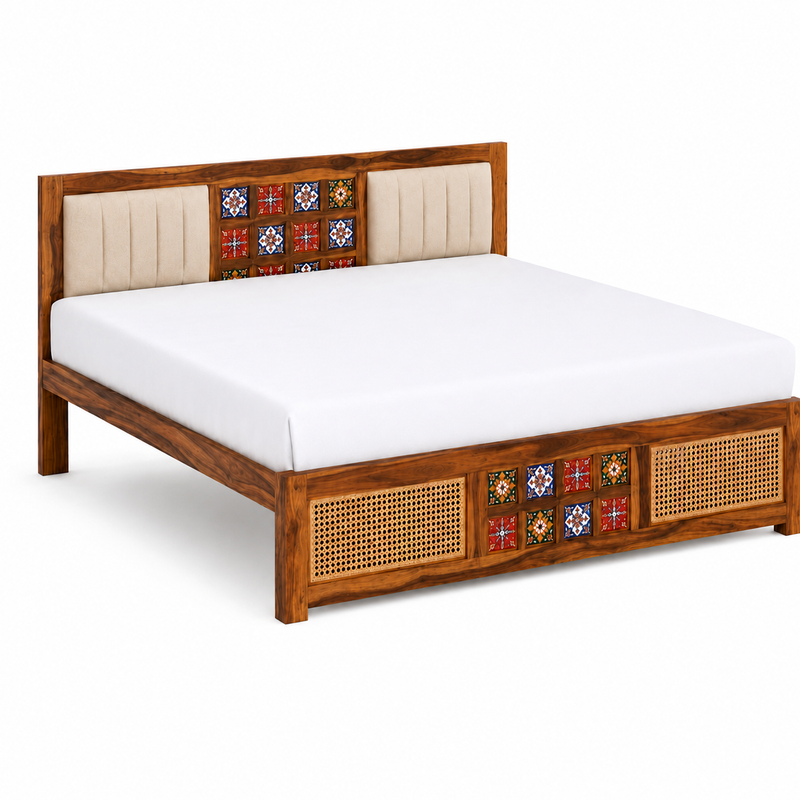 Premium Sheesham Wood Upholstered Bed with Handcrafted Ceramic Tile & Cane Panels