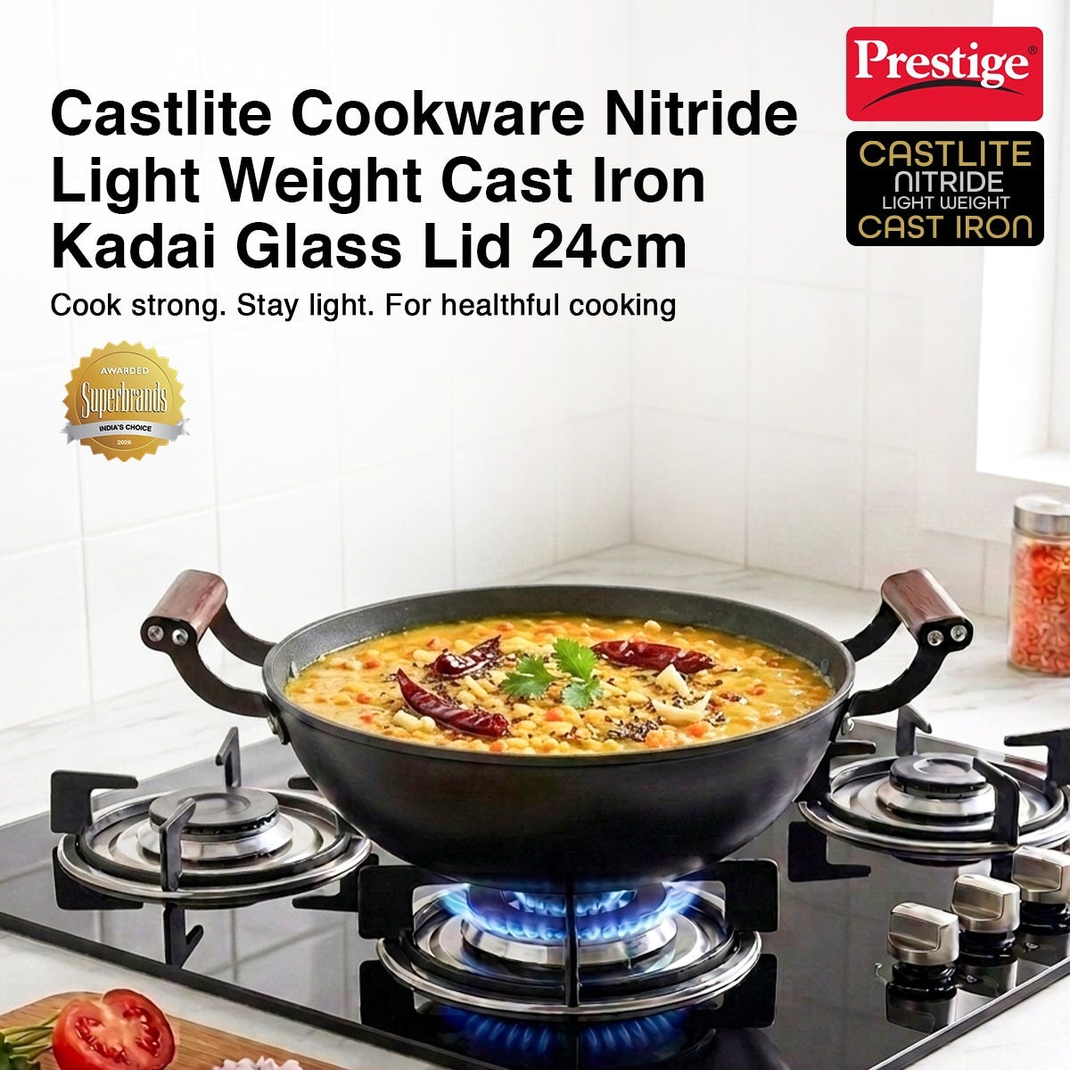 Prestige Castlite Nitride Cast Iron Fry Pan 20cm/0.9L, Rust-Proof, Chemical-Free + Prestige Castlite Lightweight Cast Iron Kadai 24cm/2.4L with Glass Lid, Enamel Coated, Gas & Induction, 15Y Warranty