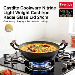 Prestige Castlite Nitride Cast Iron Fry Pan 20cm/0.9L, Rust-Proof, Chemical-Free + Prestige Castlite Lightweight Cast Iron Kadai 24cm/2.4L with Glass Lid, Enamel Coated, Gas & Induction, 15Y Warranty