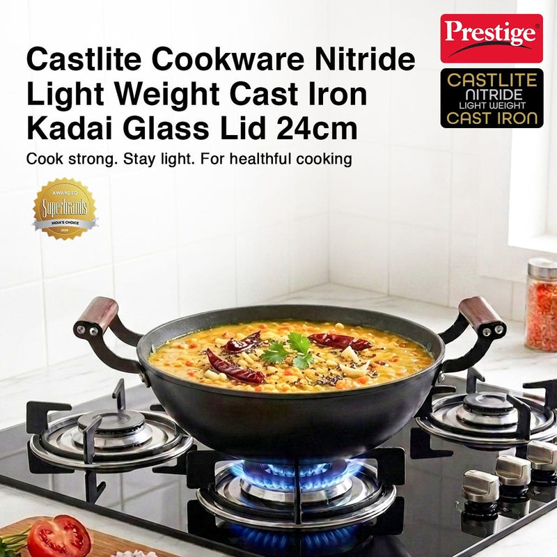 Prestige Castlite Nitride Cast Iron Fry Pan 20cm/0.9L, Rust-Proof, Chemical-Free + Prestige Castlite Lightweight Cast Iron Kadai 24cm/2.4L with Glass Lid, Enamel Coated, Gas & Induction, 15Y Warranty