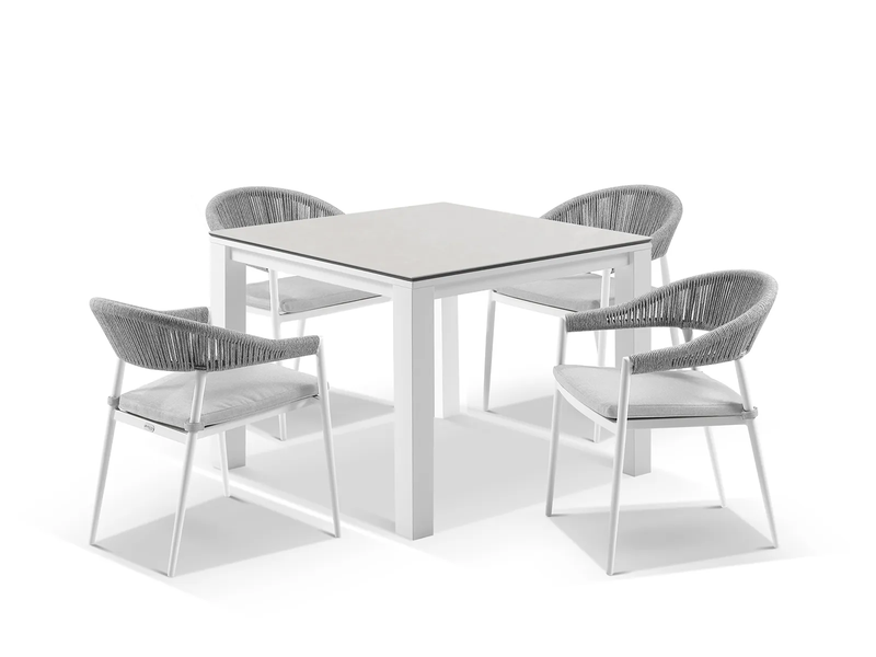 Outre Outdoor Patio Seating Set 4 Chairs and 1 Table Set (White + Grey) Braided & Rope