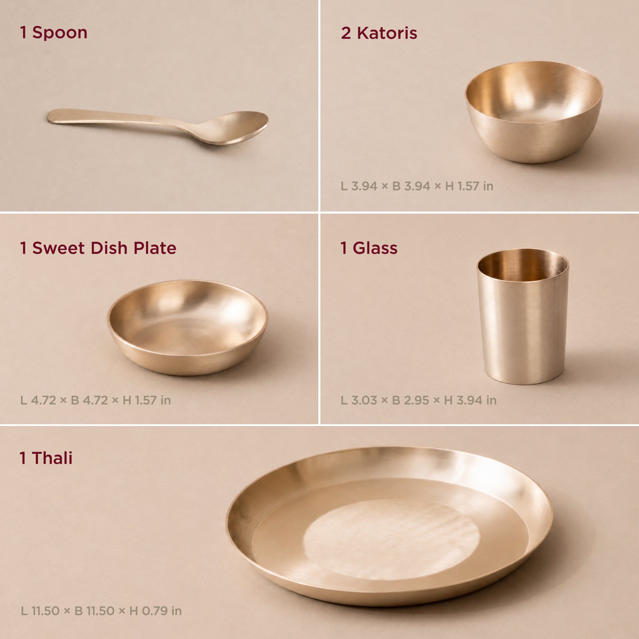 11.5" Kansa Dinner Set • Matte Finish • Thali Size - 11.5" • 100% Lead-Free (कांसे का डिनर सेट)