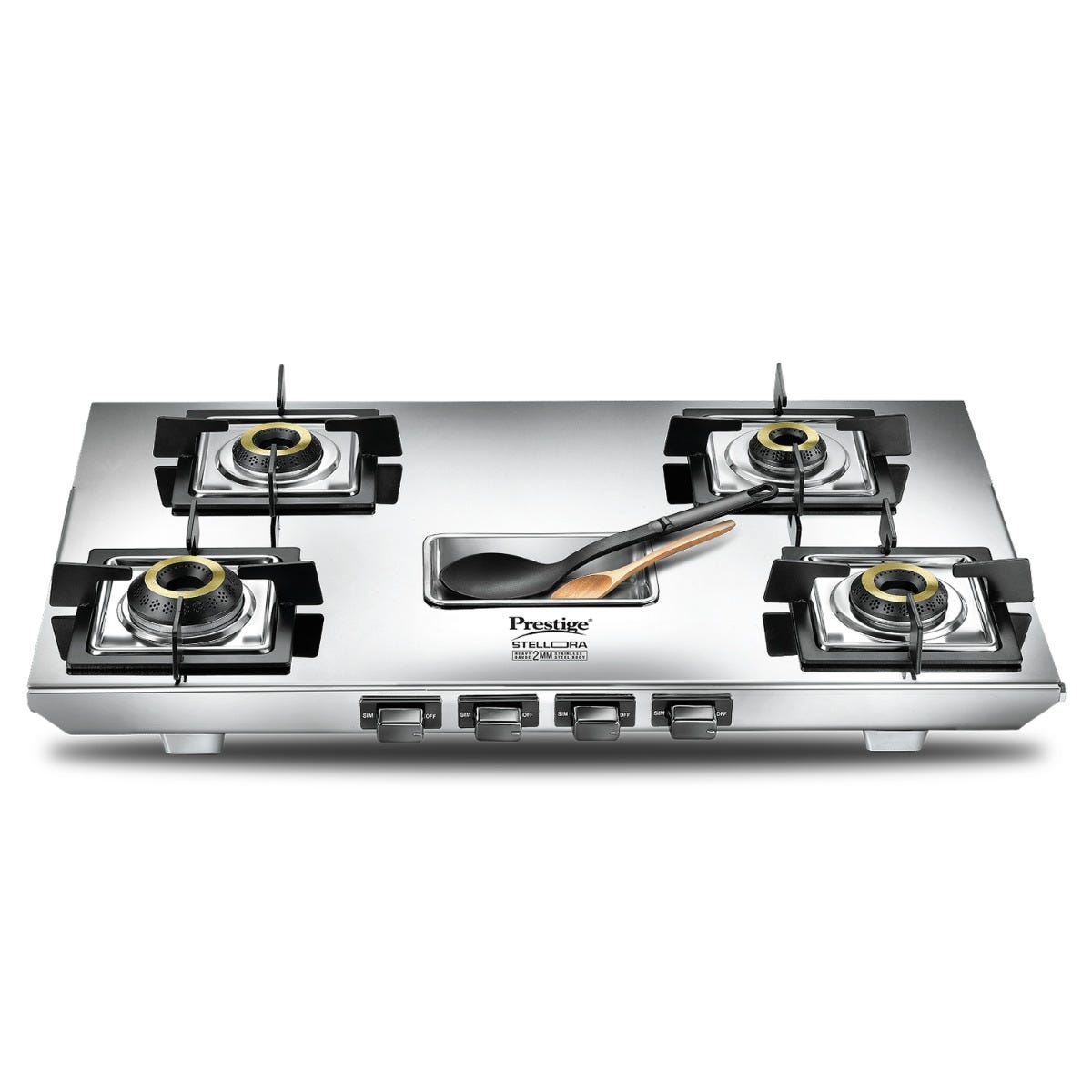 Prestige Stellora Stainless Steel L.P. Gas Stove (With Stainless Steel Body and 4 Unit Brass Burners), Prestige Omega Deluxe Granite Twin Pack | Fry Pan 24cm & Omni Tawa 25cm | Durable Granite Finish Coating | PFOA Free | Metal Spoon Friendly