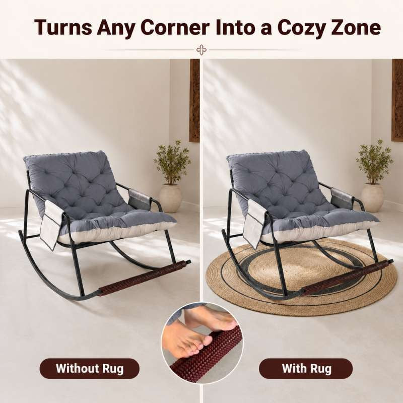 Comfy Rocking Chair with Foot Massager & 4 Ft Jute Rug — Complete Relaxation Corner Set